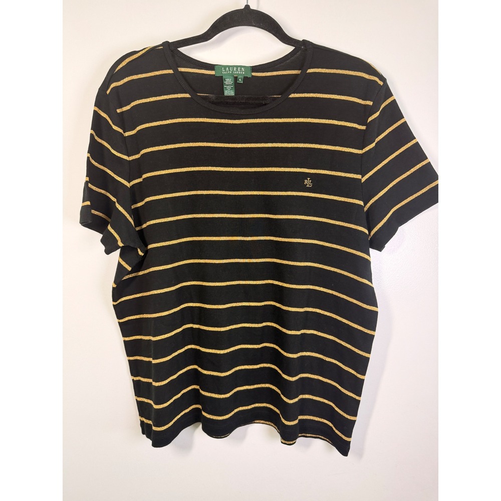 Lauren Ralph Lauren Top Women's XL Black Gold Metallic shimmer Striped Shirt